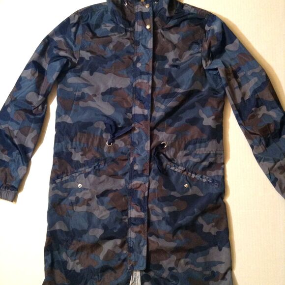 Camo Jacket Windbreaker Womens L Blue Brown Waxy Lightweight Hooded Gorpcore - Picture 4 of 12